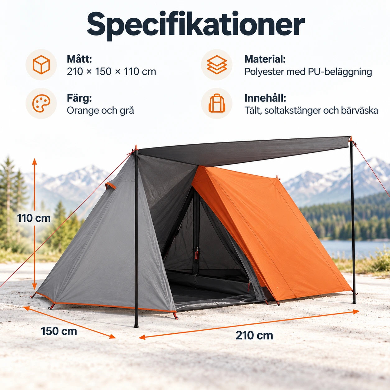 Lätt campingtält med soltak och PU-beläggning 210 x 150 cm