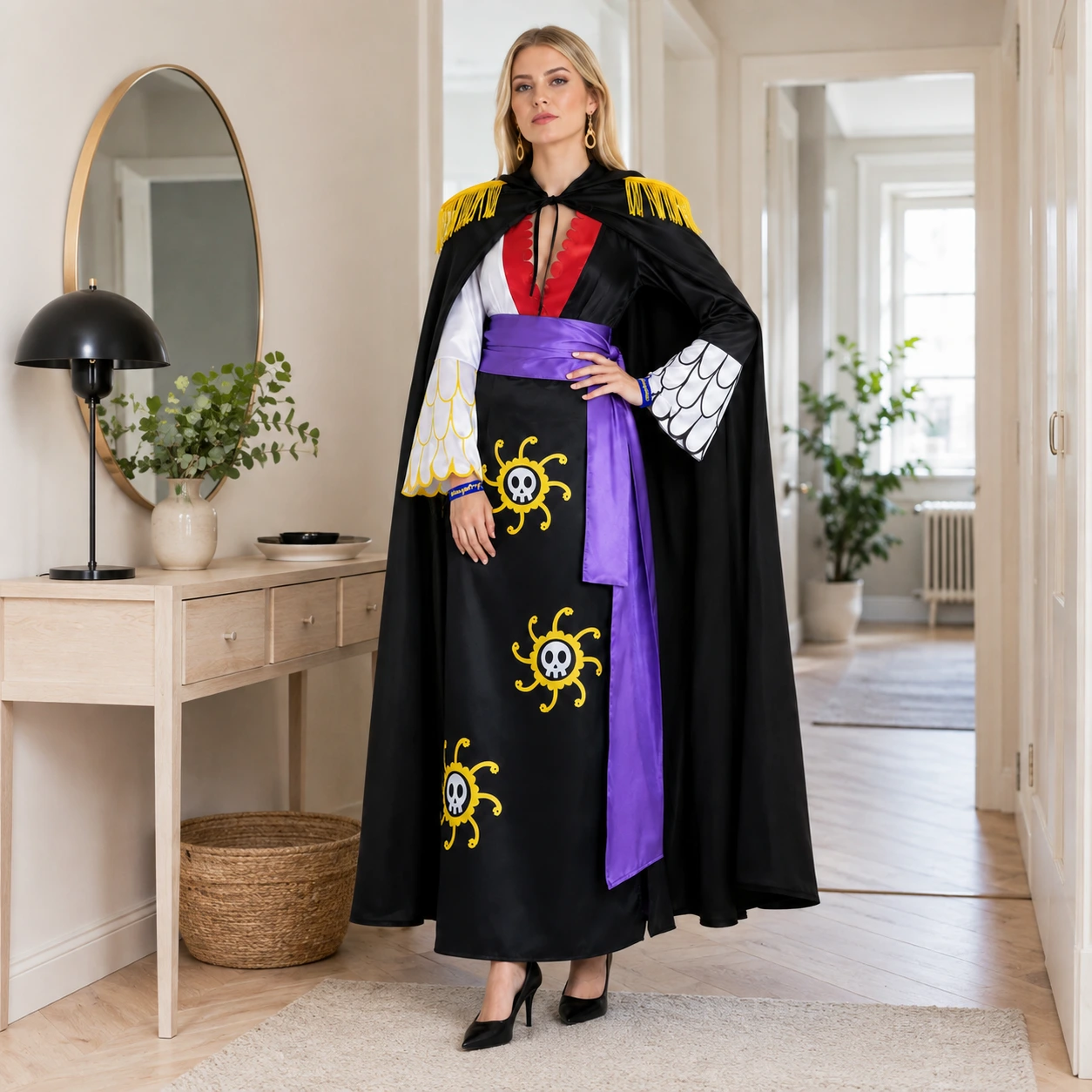 Cosplaydräkt med mantel och örhängen