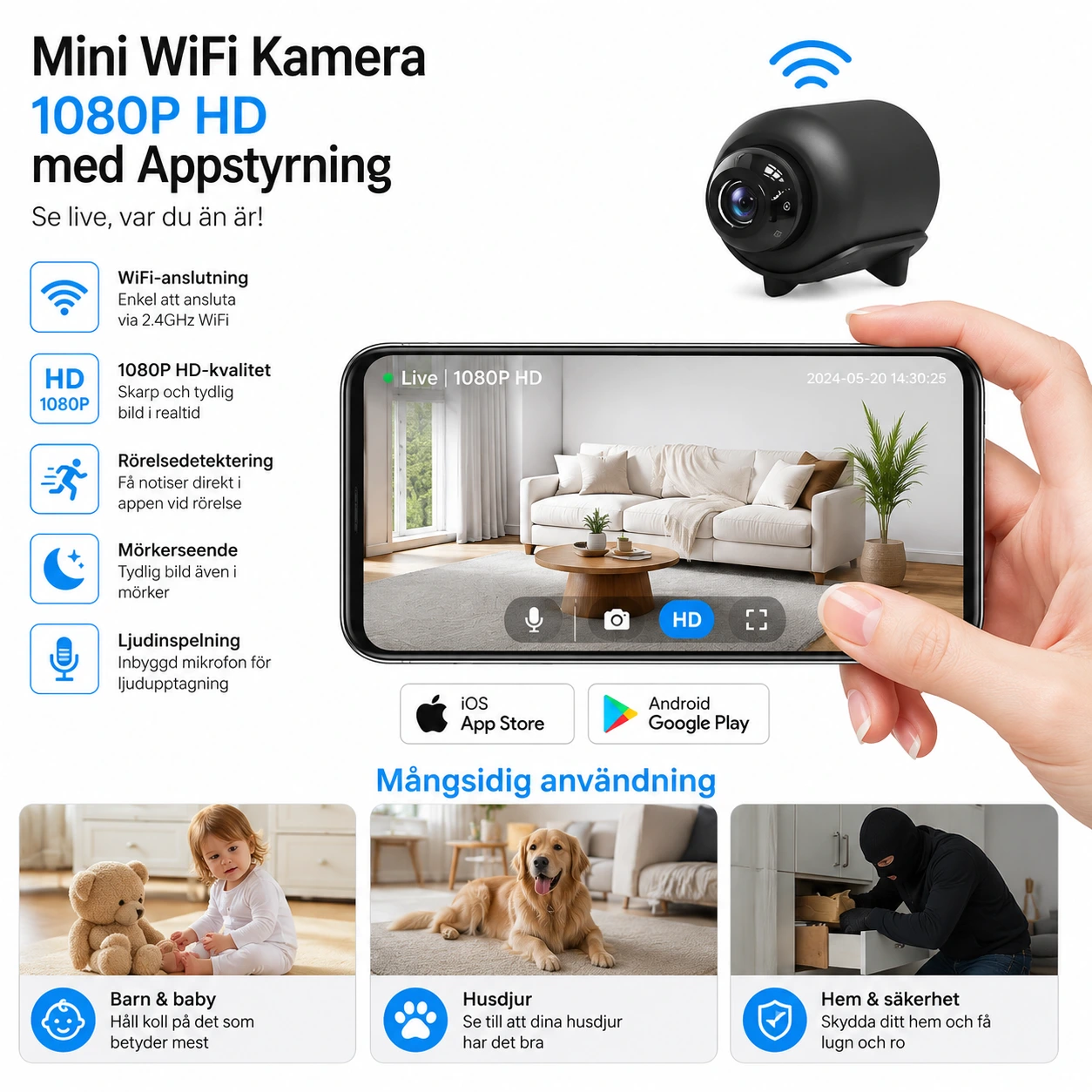 Mini Kamera WiFi – 1080p HD med Appstyrning