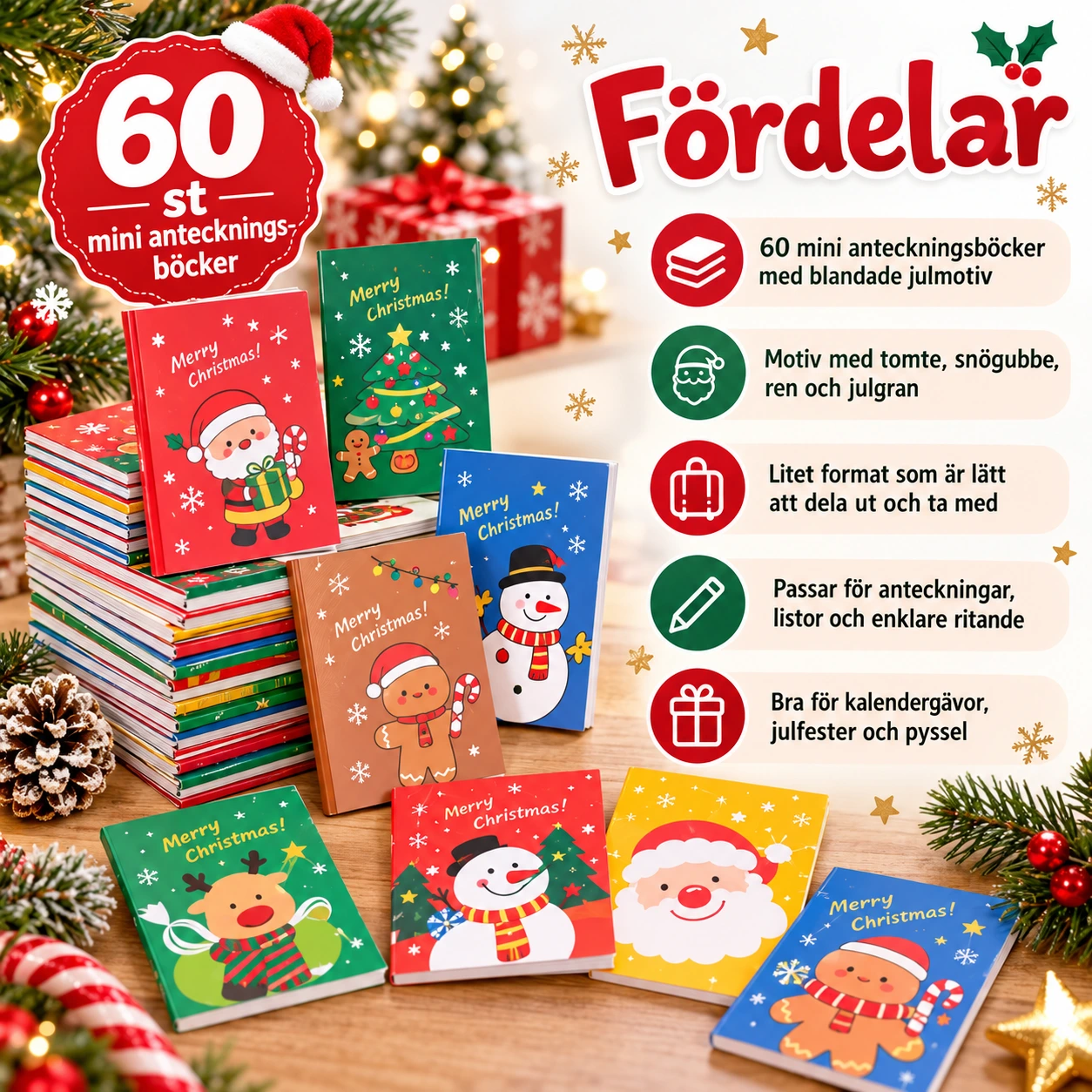 Mini anteckningsböcker med julmotiv, 60-pack