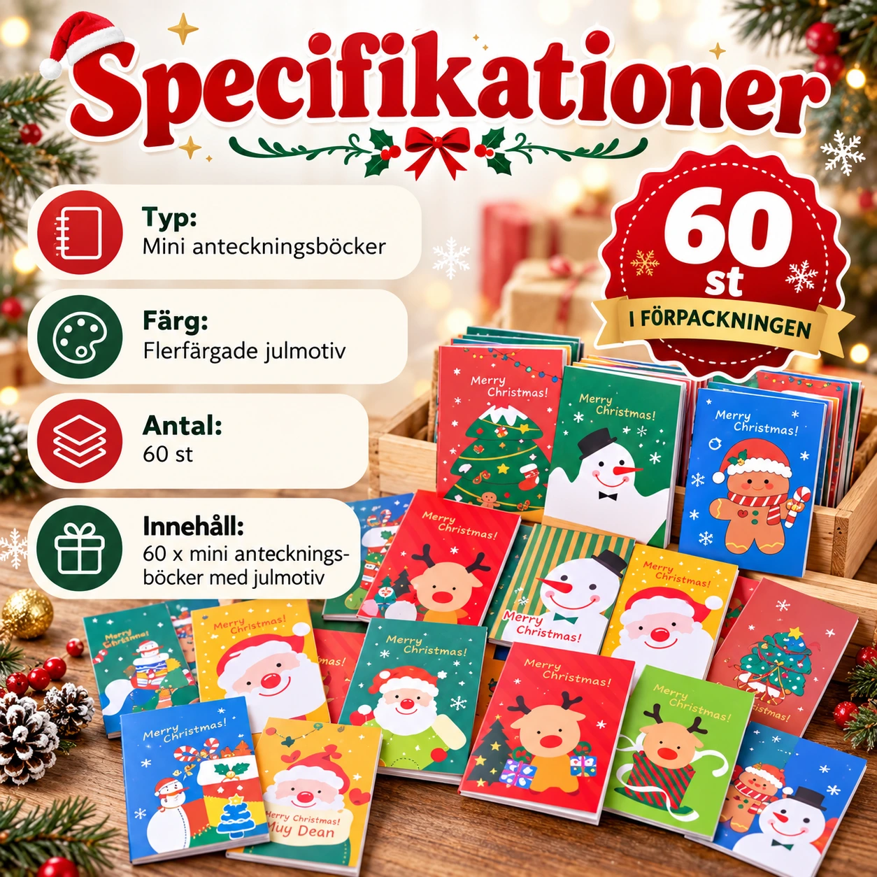 Mini anteckningsböcker med julmotiv, 60-pack