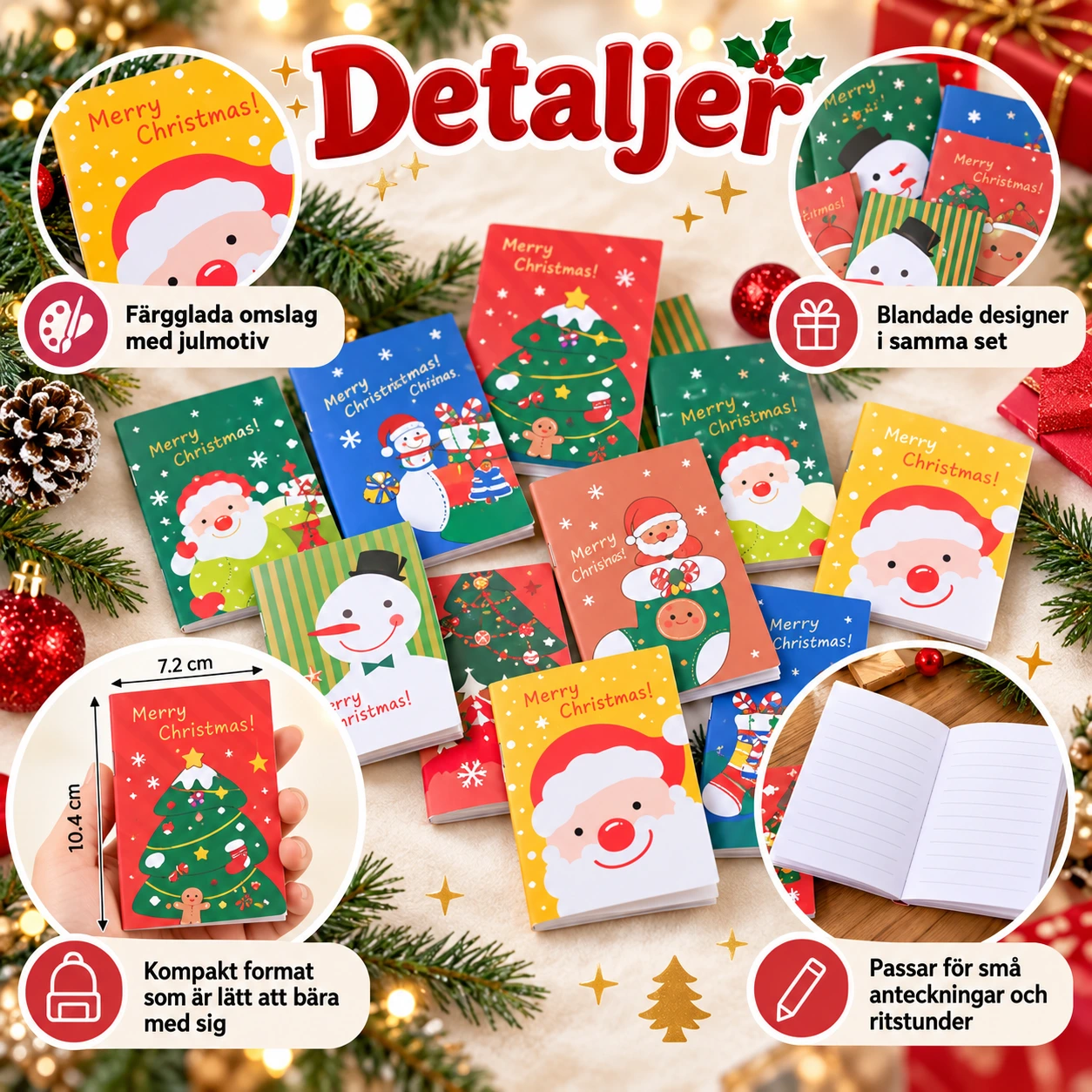 Mini anteckningsböcker med julmotiv, 60-pack