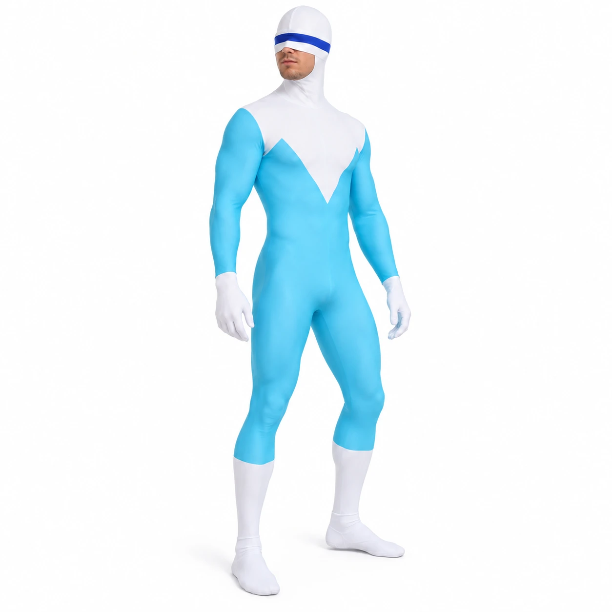 Sinivalkoinen aikuisten cosplayhaalari hupulla