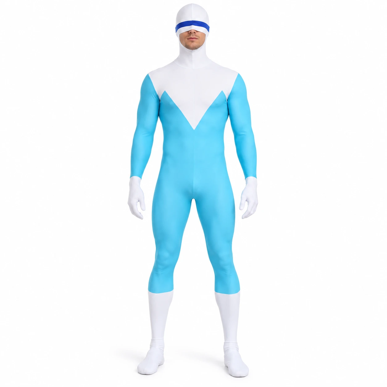 Sinivalkoinen aikuisten cosplayhaalari hupulla
