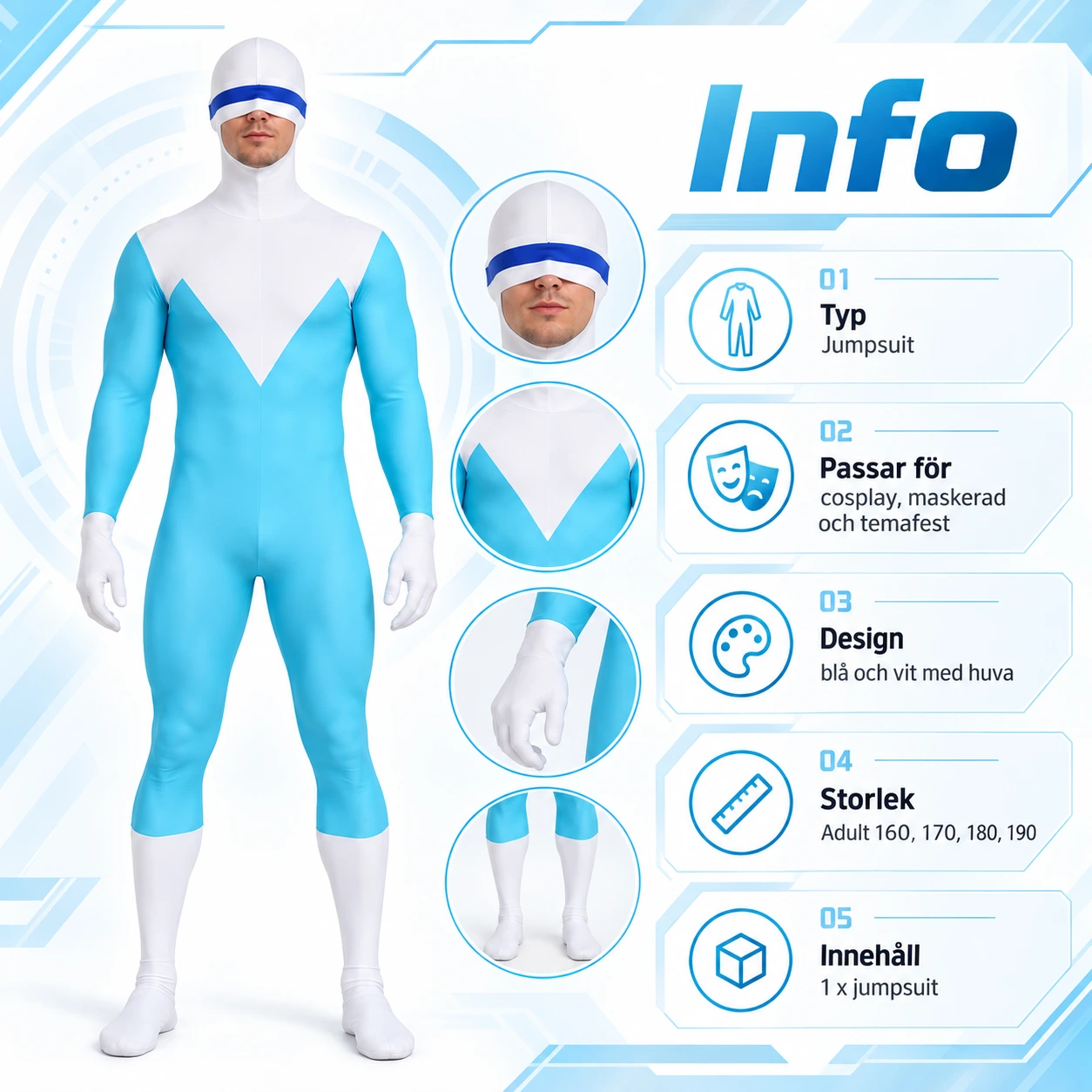 Sinivalkoinen aikuisten cosplayhaalari hupulla