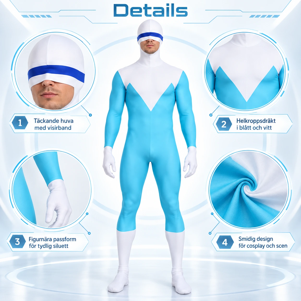 Sinivalkoinen aikuisten cosplayhaalari hupulla