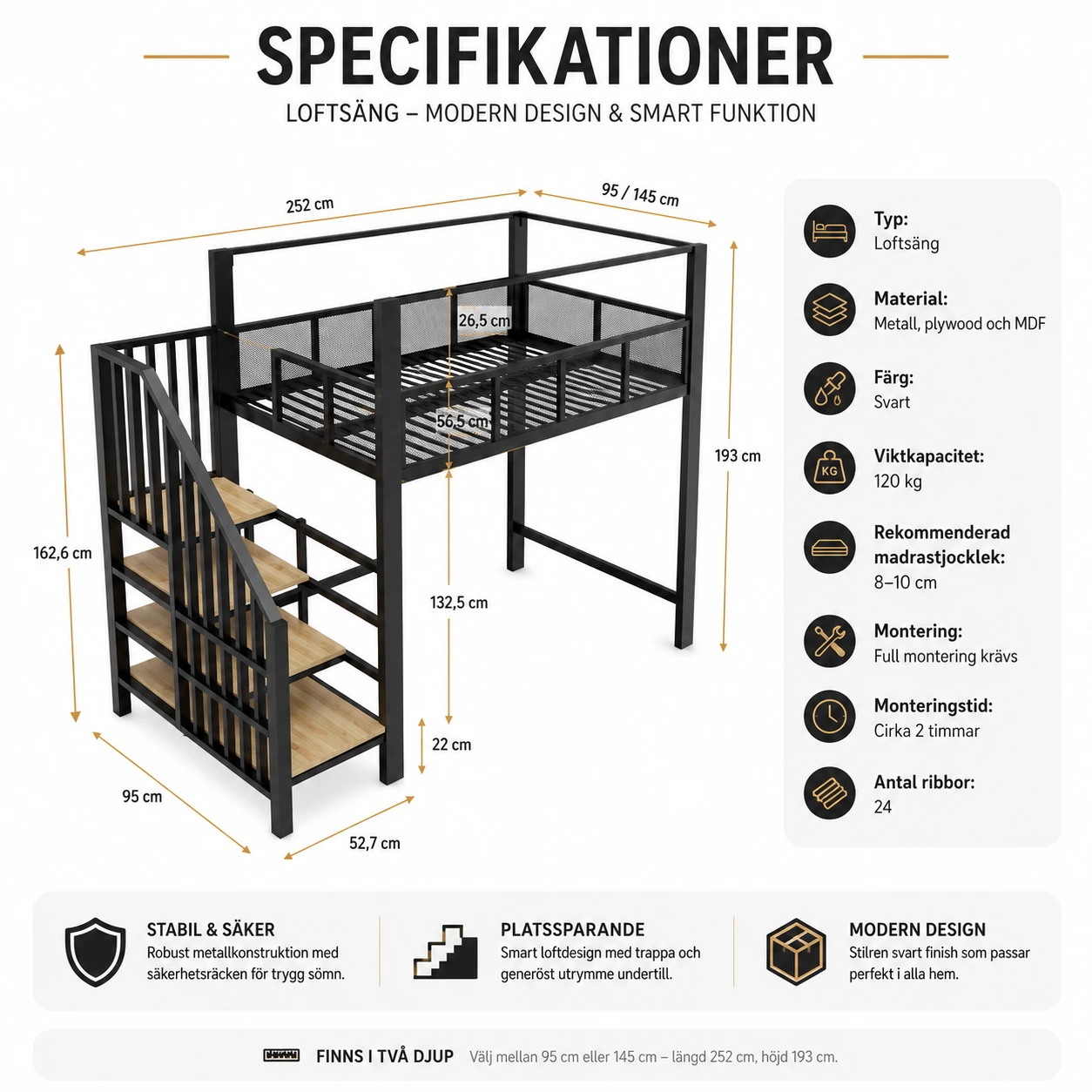Loftsäng i metall med trappa och förvaring