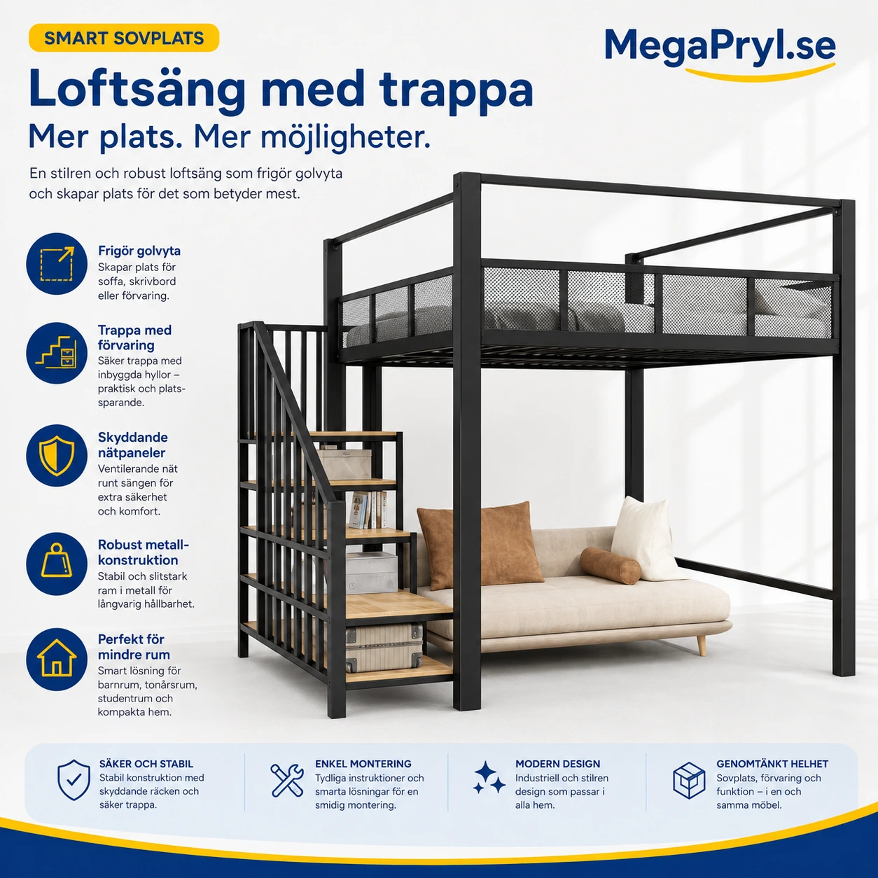 Loftsäng i metall med trappa och förvaring
