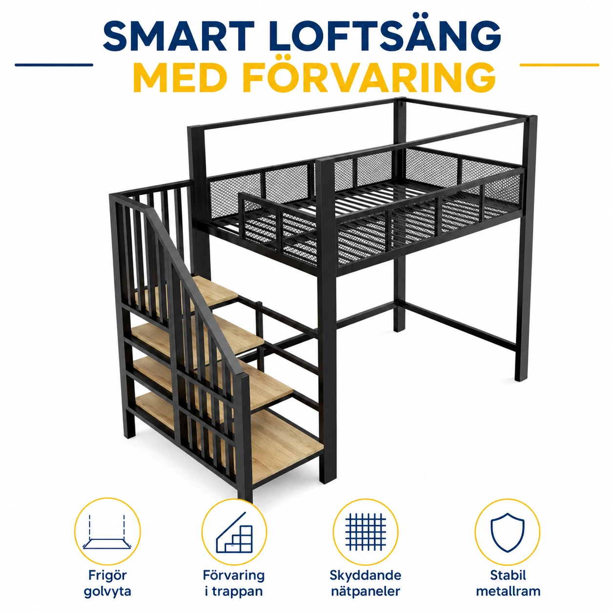 Loftseng i metall med trapp og oppbevaring