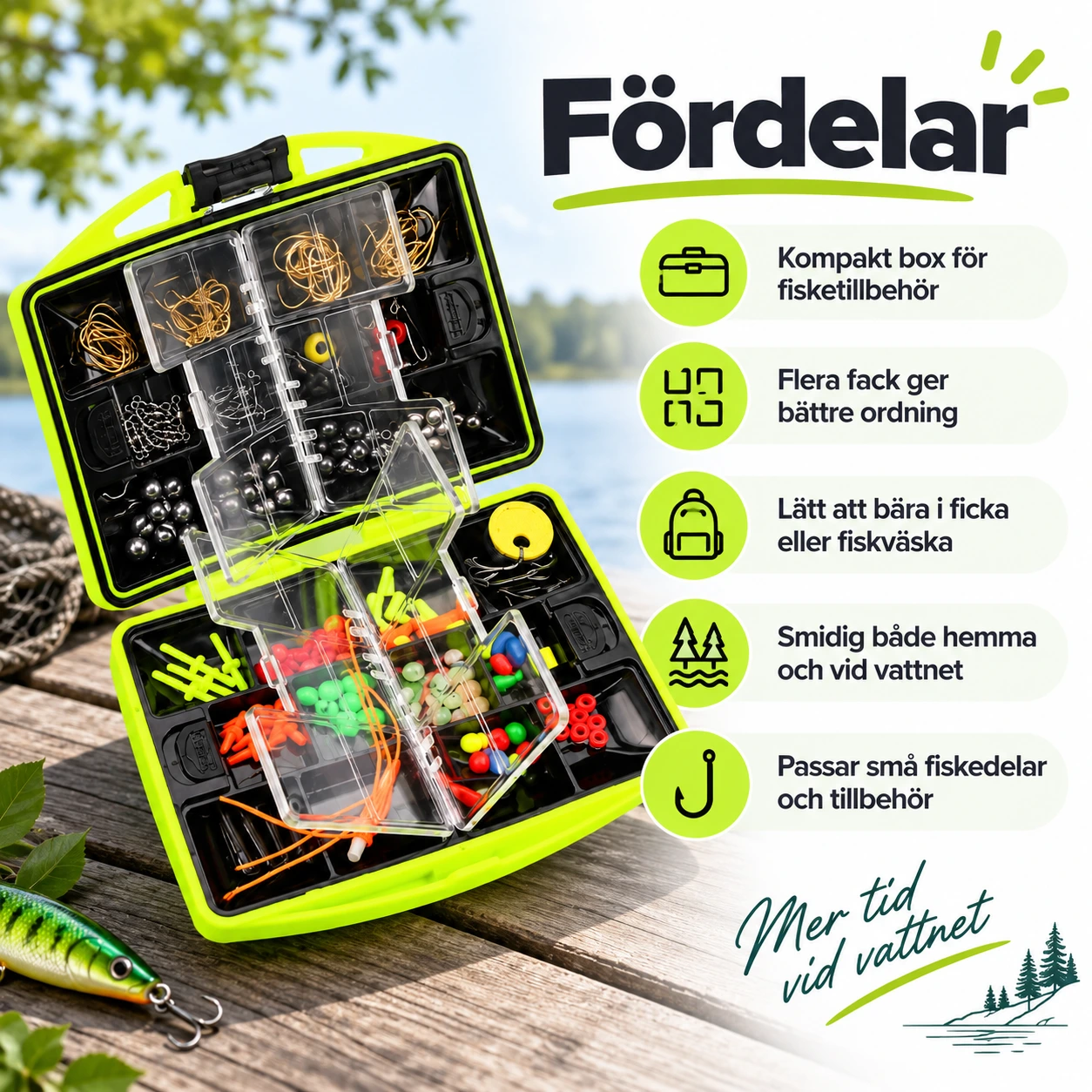 Fisketillbehör i box med flera fack