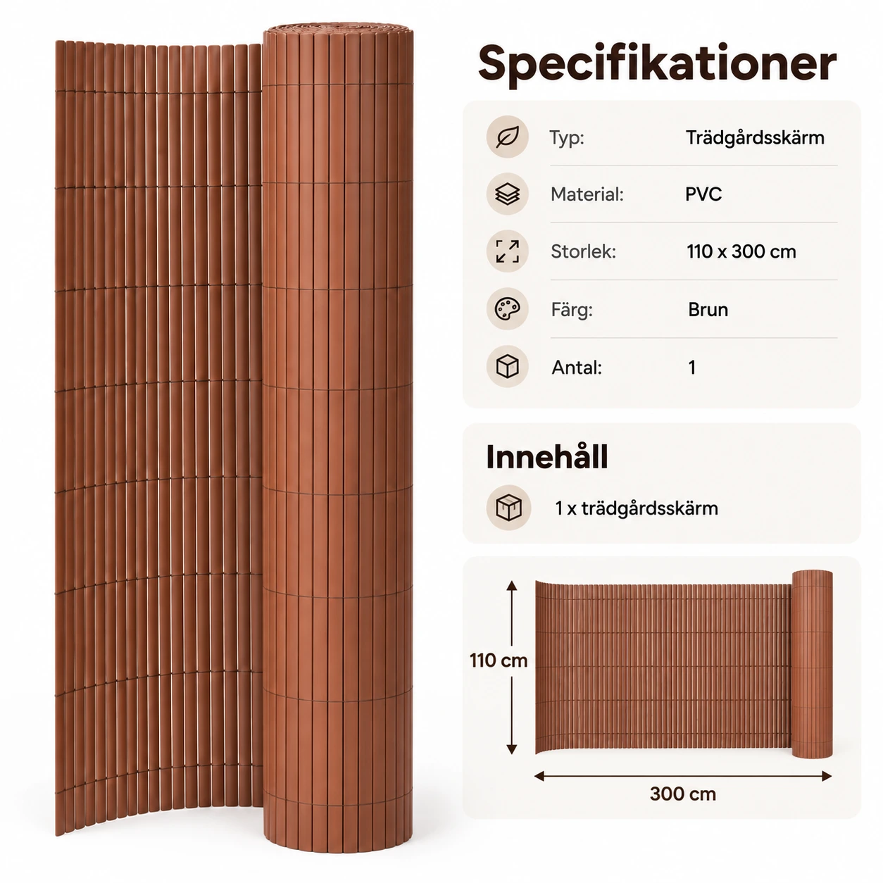 Trädgårdsskärm i PVC för insynsskydd 110 x 300 cm