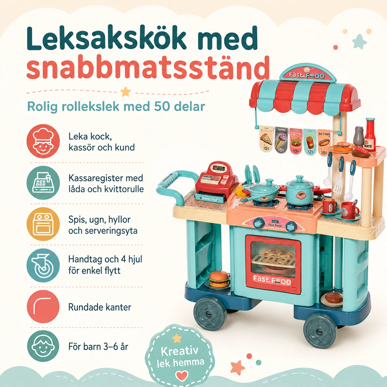 Leksakskök med snabbmatsstånd och 50 delar
