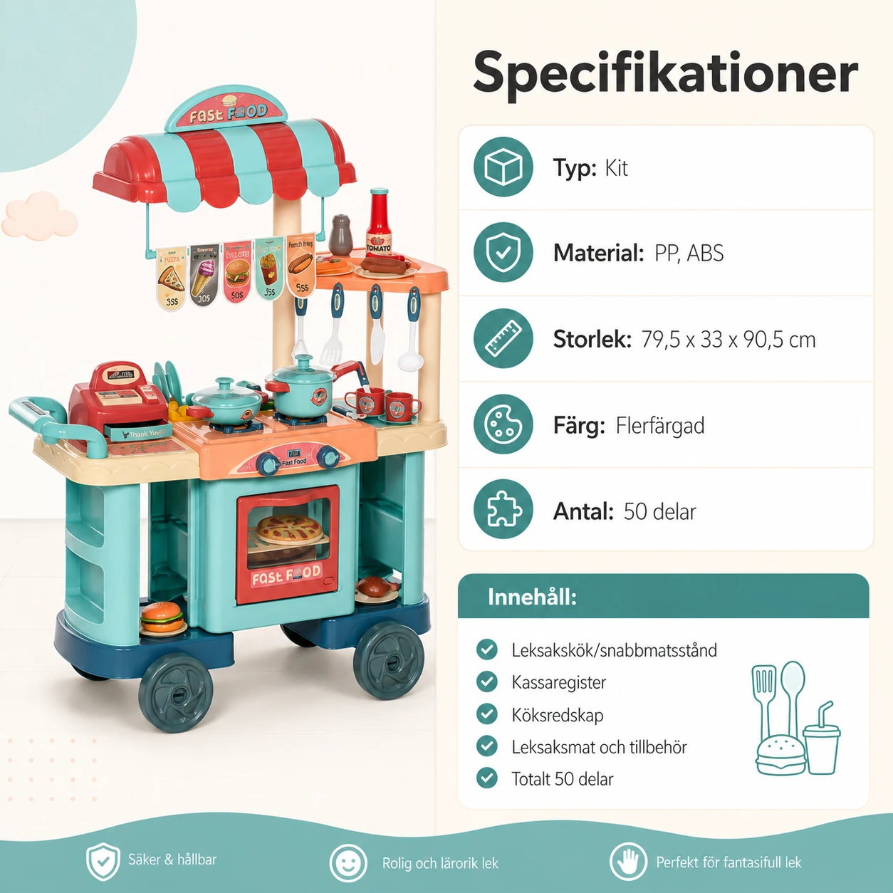 Leksakskök med snabbmatsstånd och 50 delar
