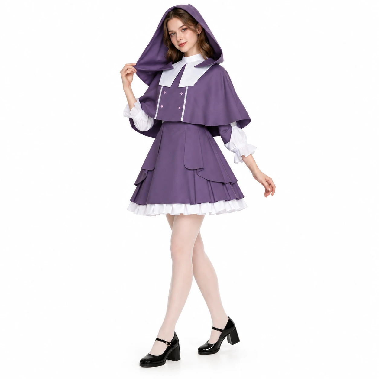 Lilla og hvit nonneinspirert cosplaykjole med hette og kappe for kvinner