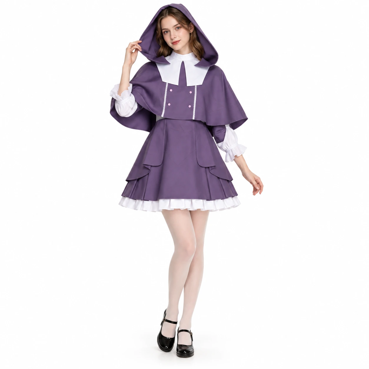 Lilla og hvit nonneinspirert cosplaykjole med hette og kappe for kvinner
