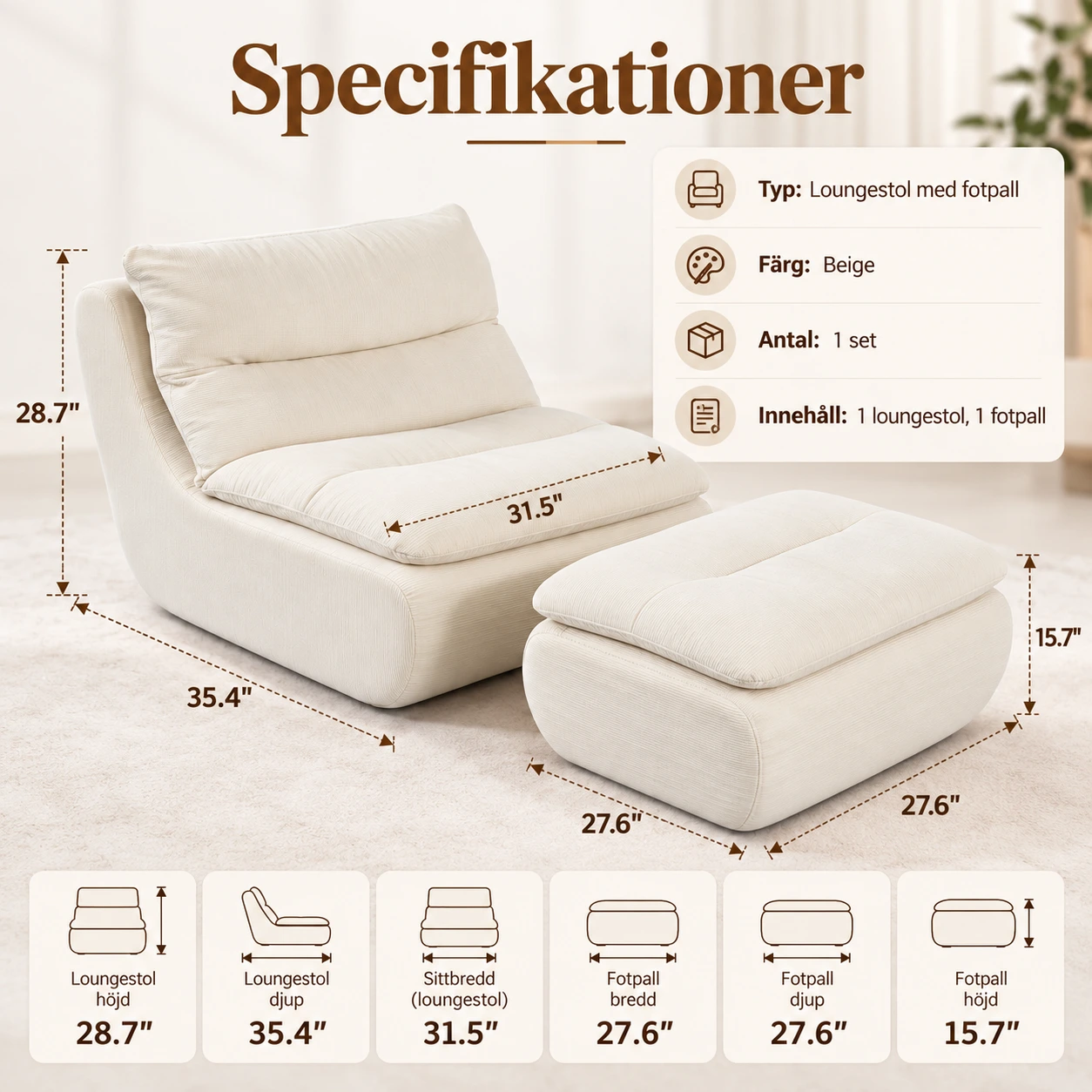 Loungestol med fotpall för hem och vardagsrum