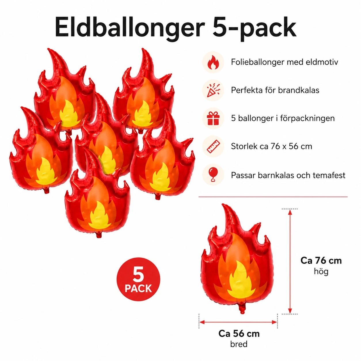 Eldballonger 5-pack – Folieballonger för Brandkalas