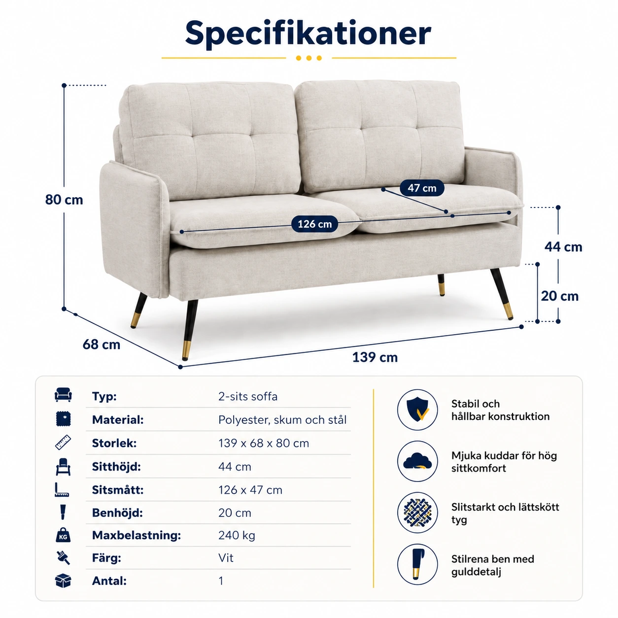 2-sits soffa för vardagsrum med stålben 139 cm