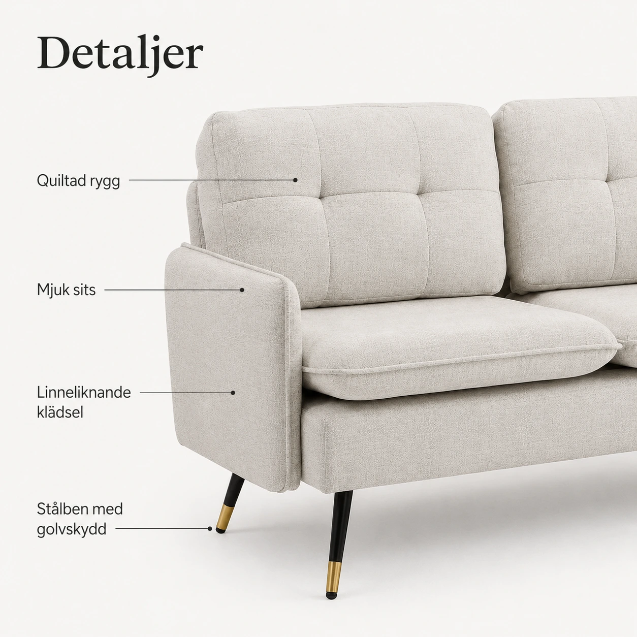 2-sits soffa för vardagsrum med stålben 139 cm