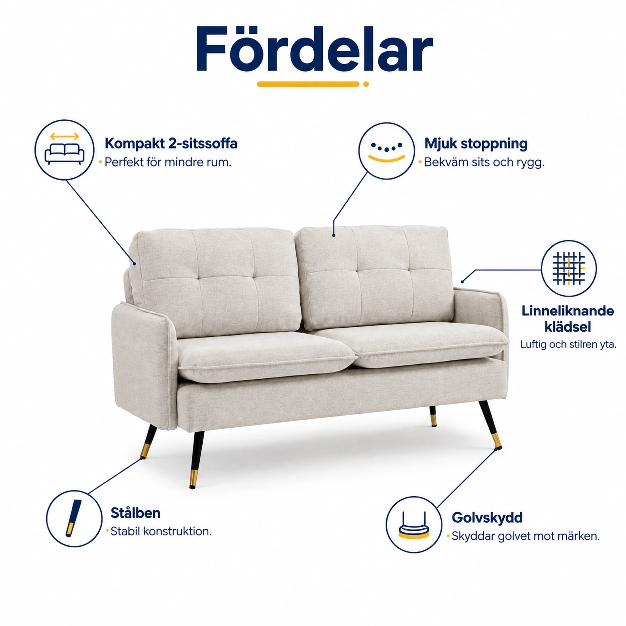 2-sits soffa för vardagsrum med stålben 139 cm