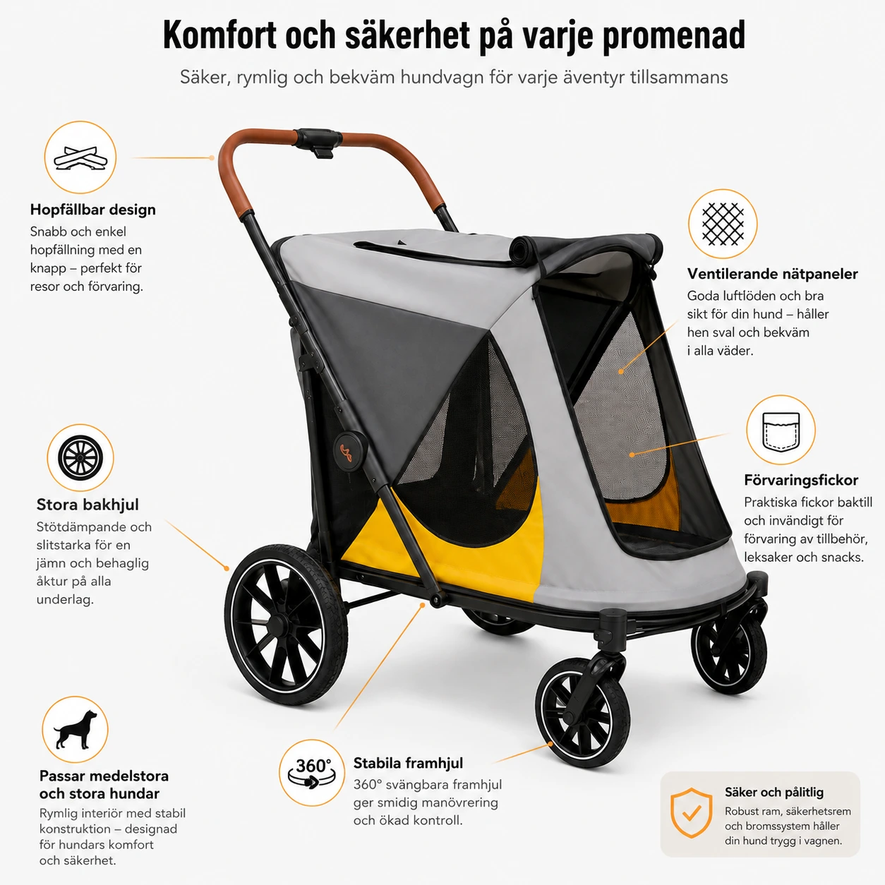 Hundvagn för medelstora och stora hundar, hopfällbar