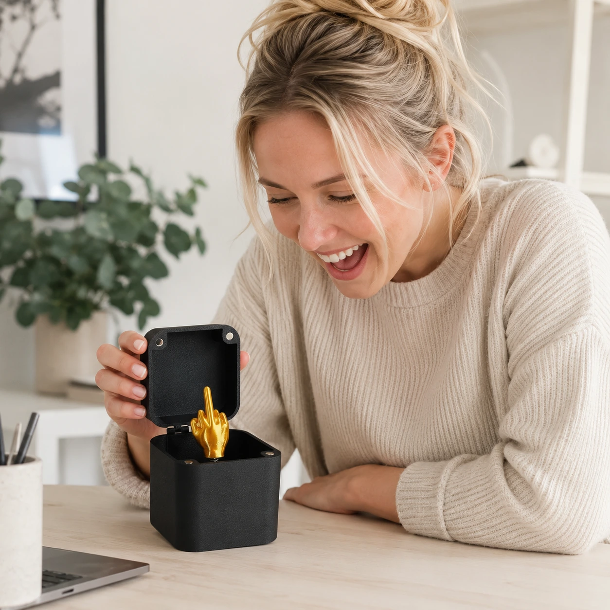 Pop up presentask med långfinger