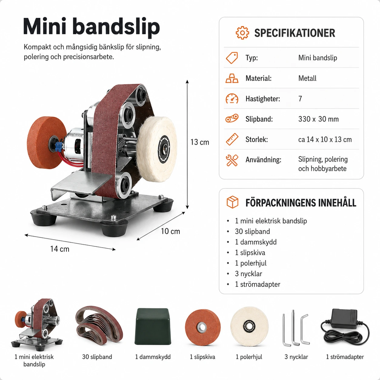 Mini bandslip för slipning och polering med 7 hastigheter
