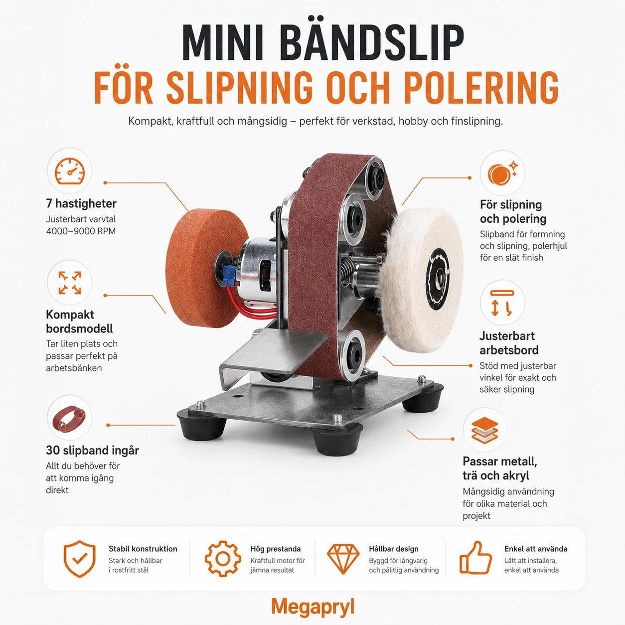 Mini bandslip för slipning och polering med 7 hastigheter