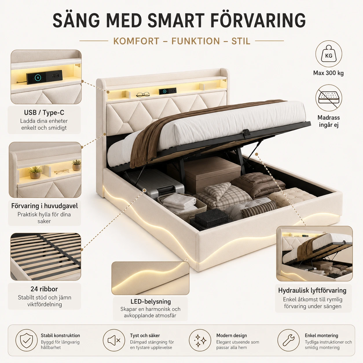 Förvaringssäng med Lyftförvaring, LED och USB