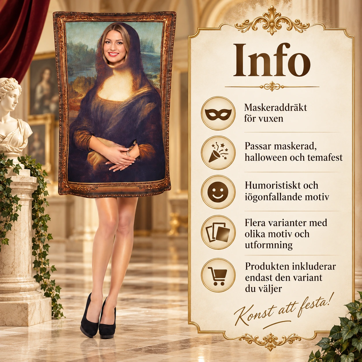 Mona Lisa maskeraddräkt för vuxna med tavelram