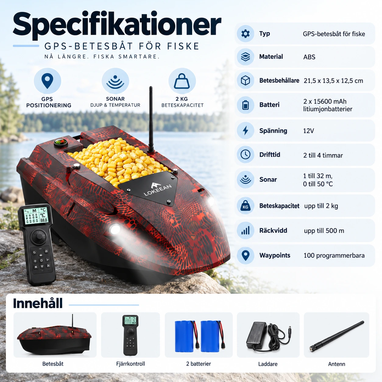 Betesbåt med sonar för fiske och dubbla 12V-batterier