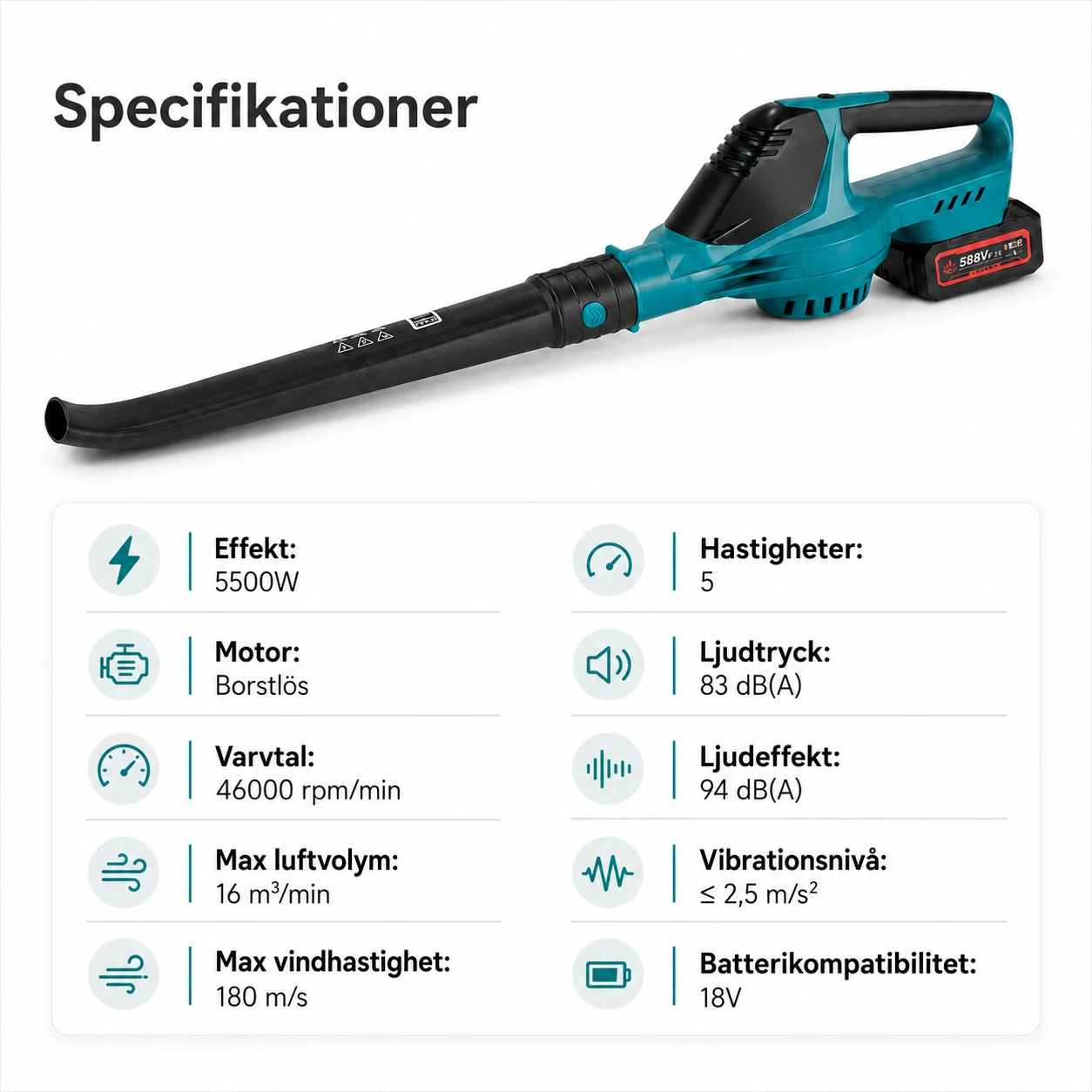 Lövblås Batteridriven 5500W – 5 Hastigheter