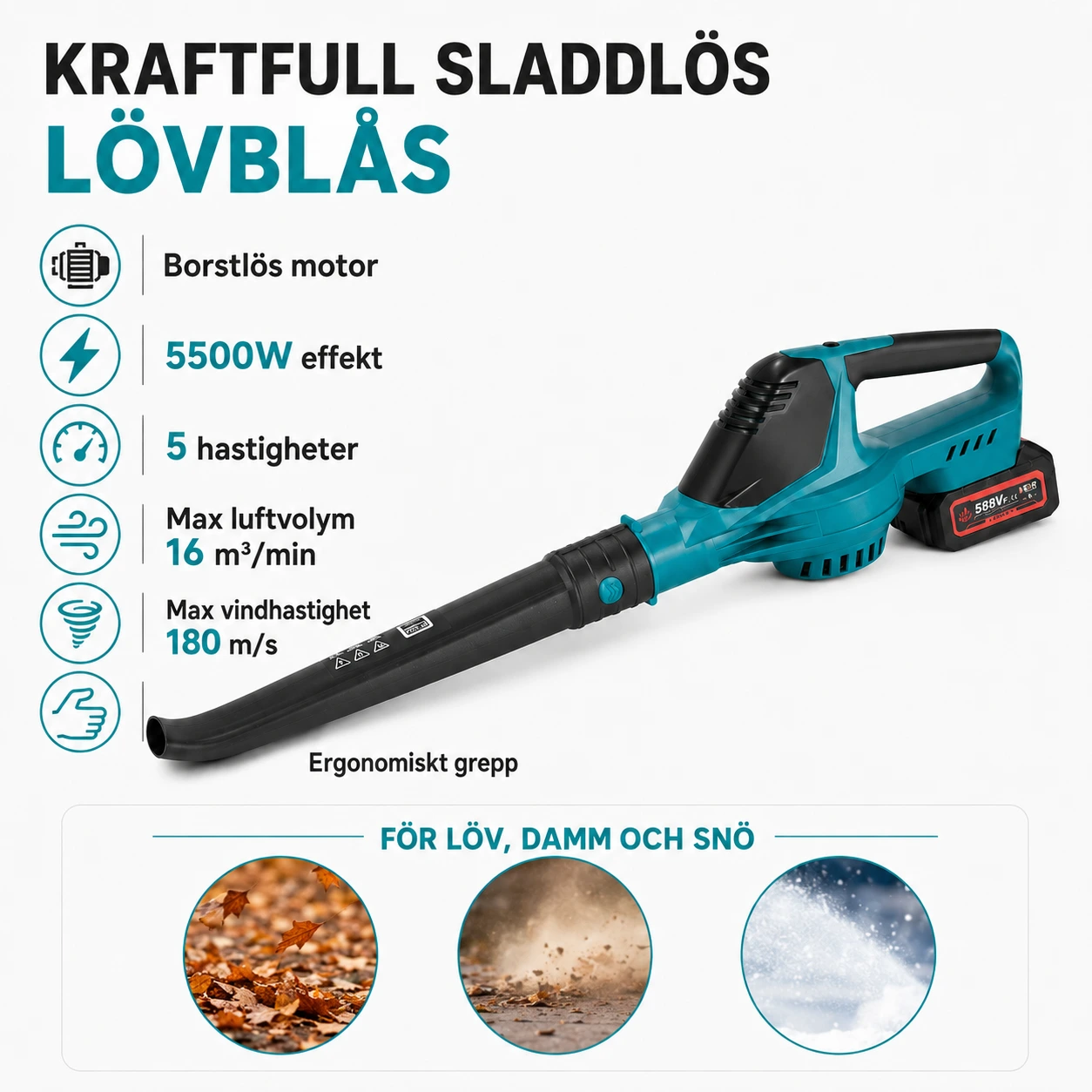 Lövblås Batteridriven 5500W – 5 Hastigheter
