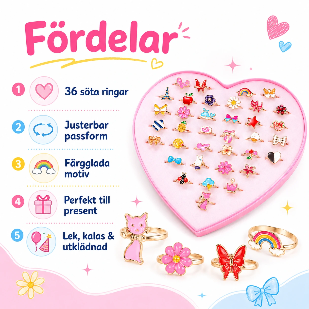 Barnringar Justerbara med Söta Motiv 36-pack