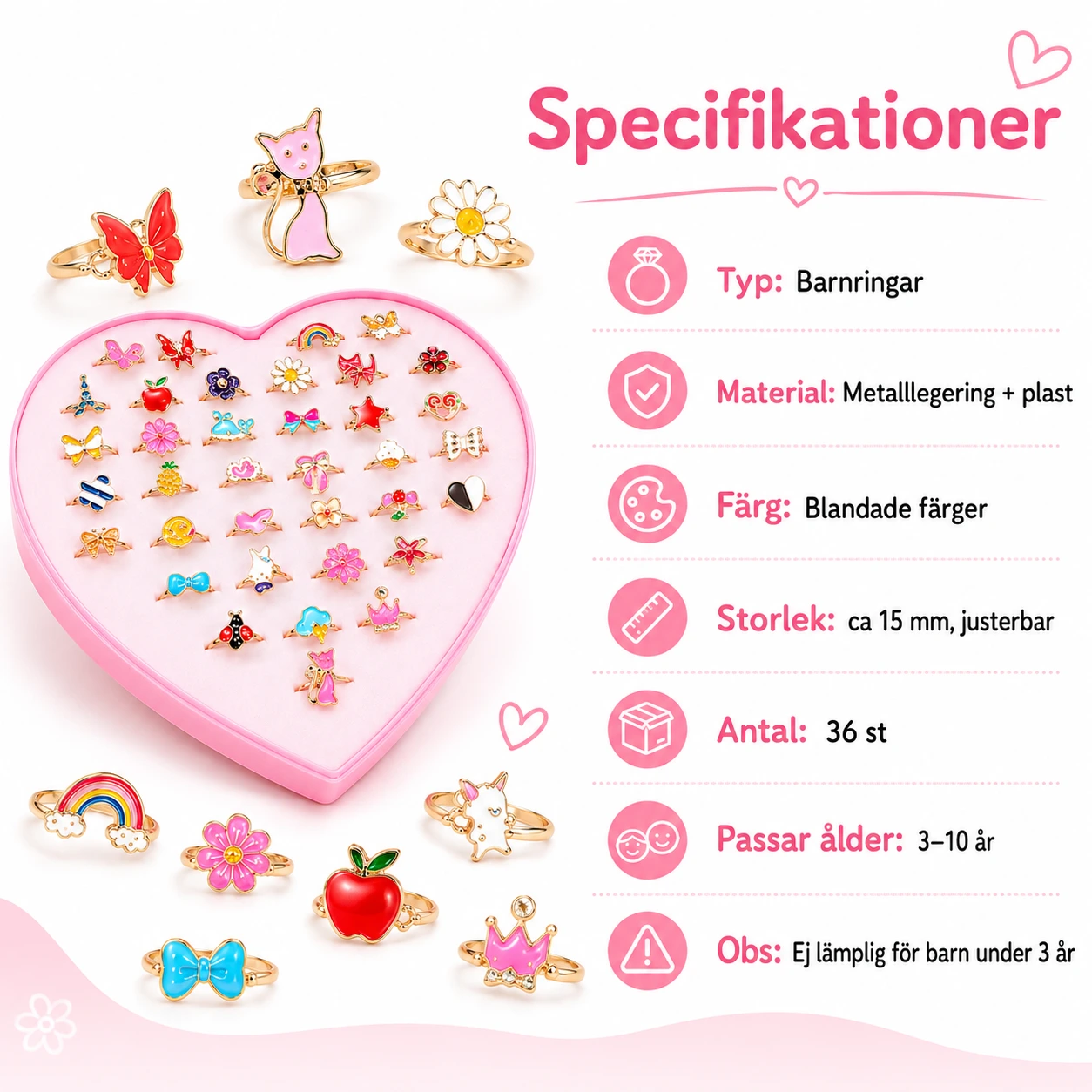 Barnringar Justerbara med Söta Motiv 36-pack