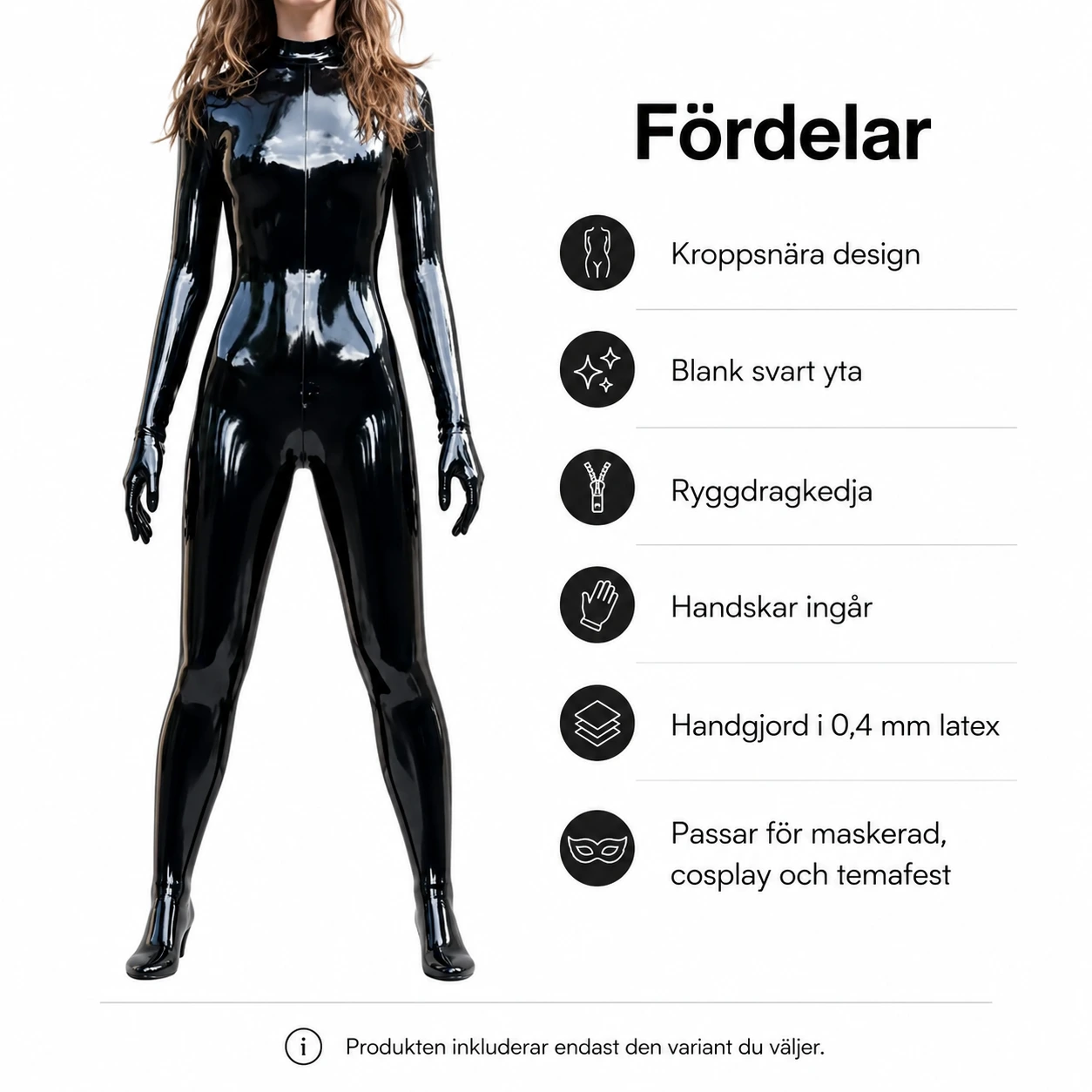 Latex catsuit för maskerad med handskar och ryggdragkedja