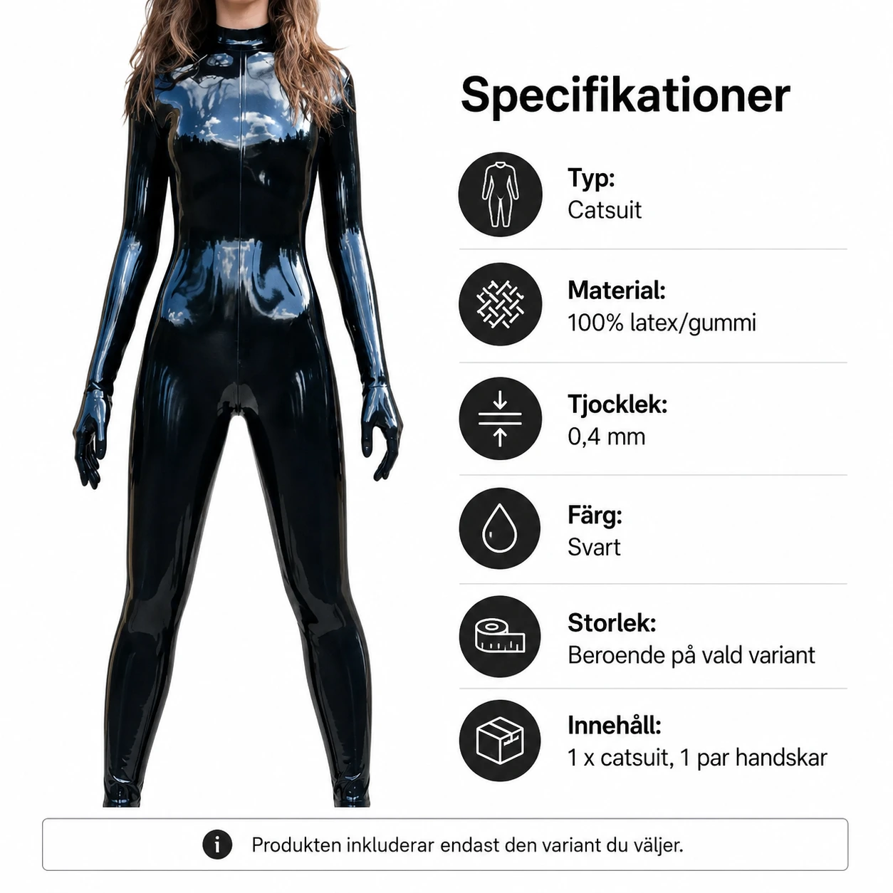 Latex catsuit för maskerad med handskar och ryggdragkedja