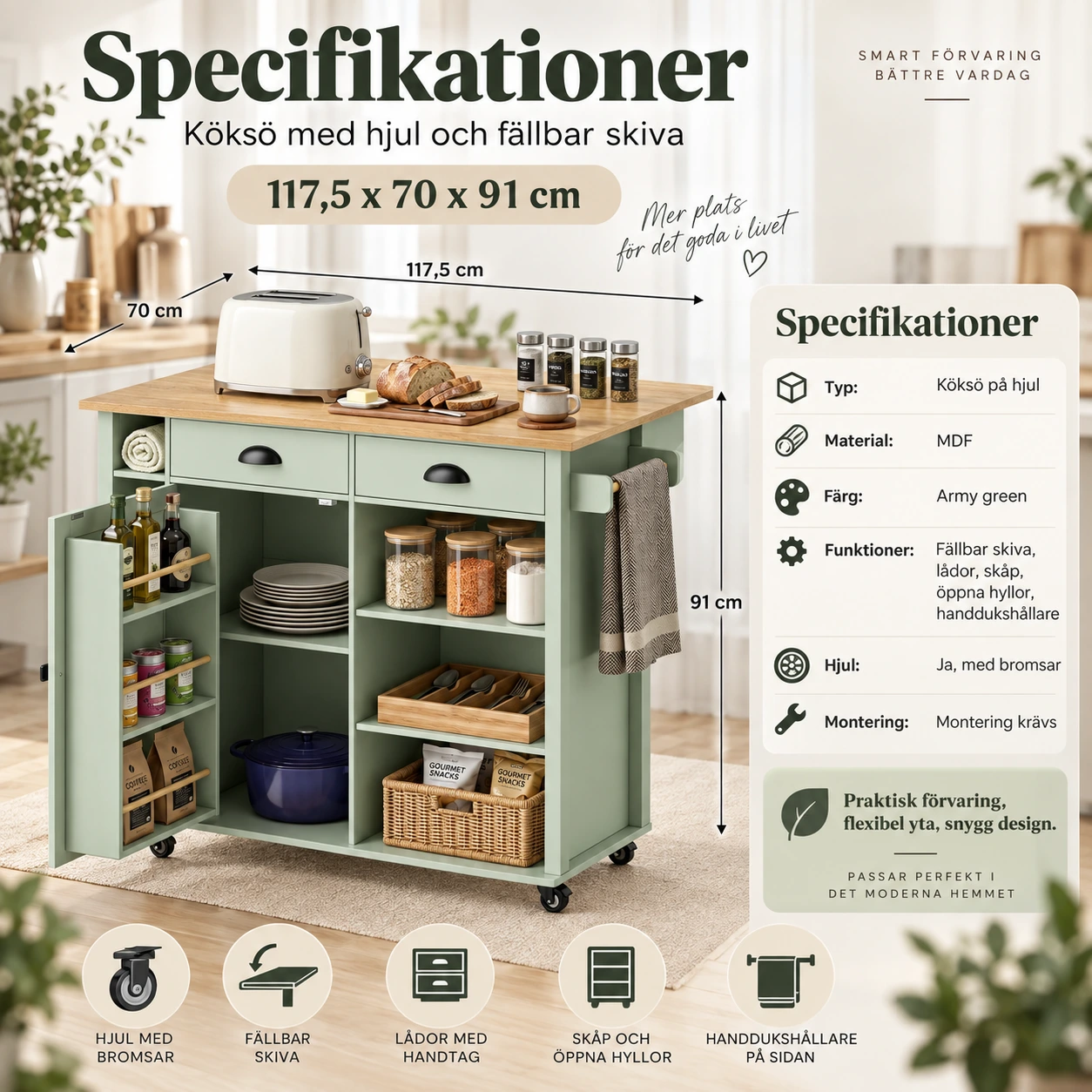 Köksö med hjul och fällbar skiva