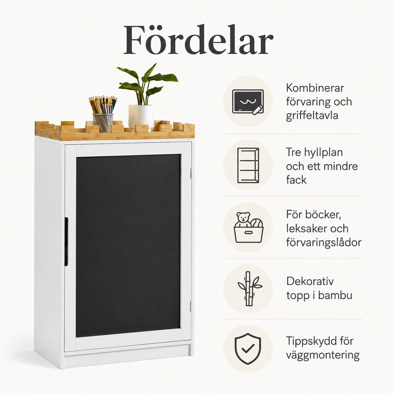 Barnhylla med griffeltavla och förvaring i vitt