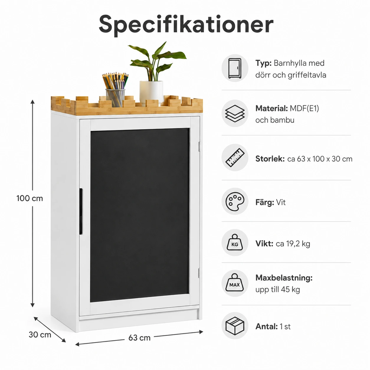Barnhylla med griffeltavla och förvaring i vitt