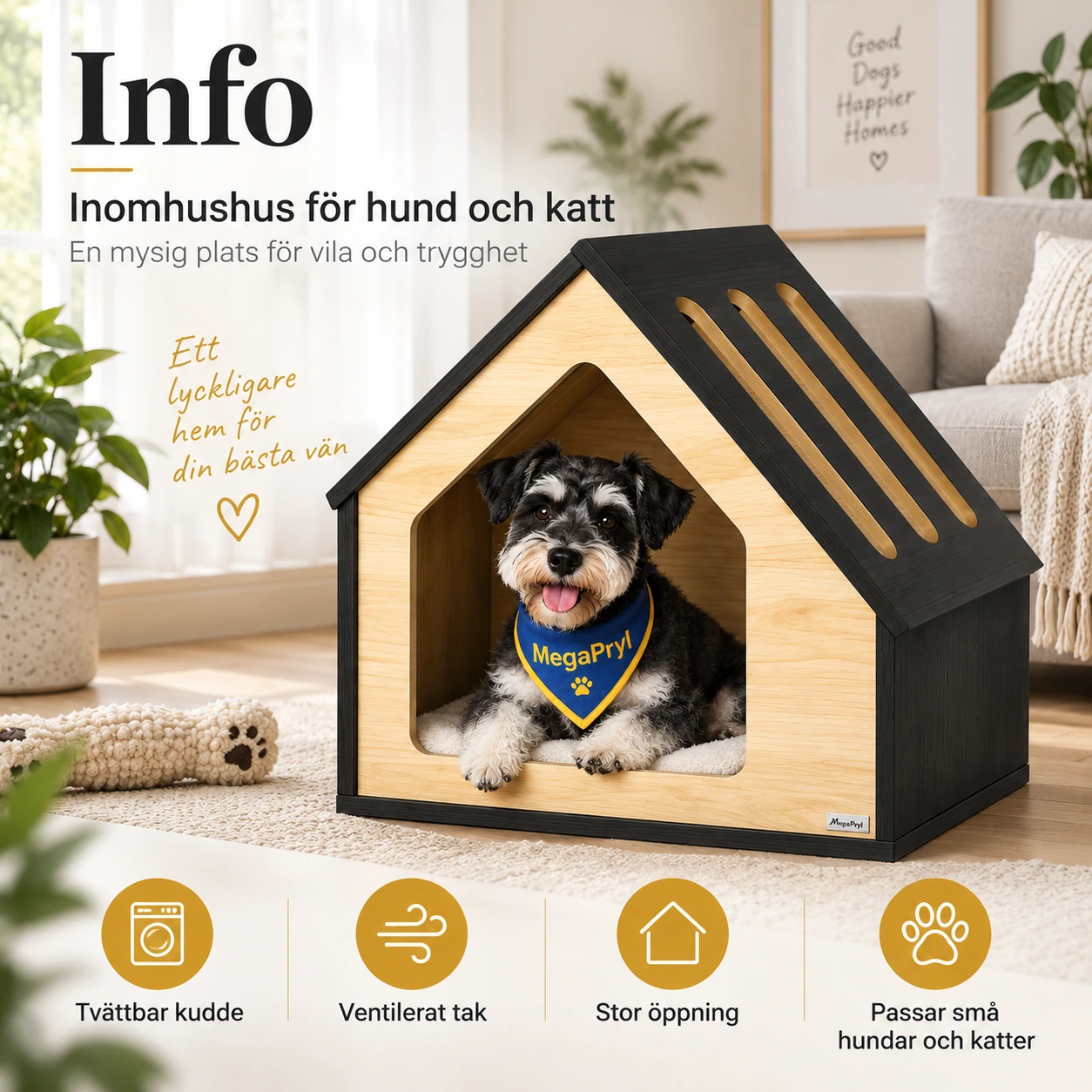 Inomhushus för hund och katt med tvättbar kudde
