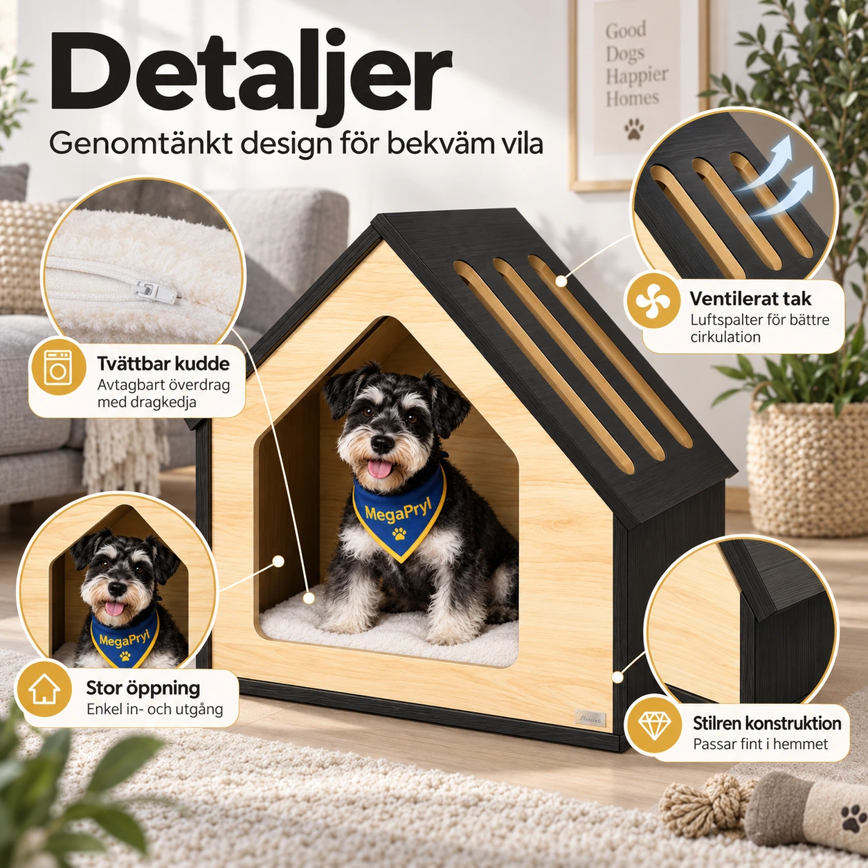 Inomhushus för hund och katt med tvättbar kudde