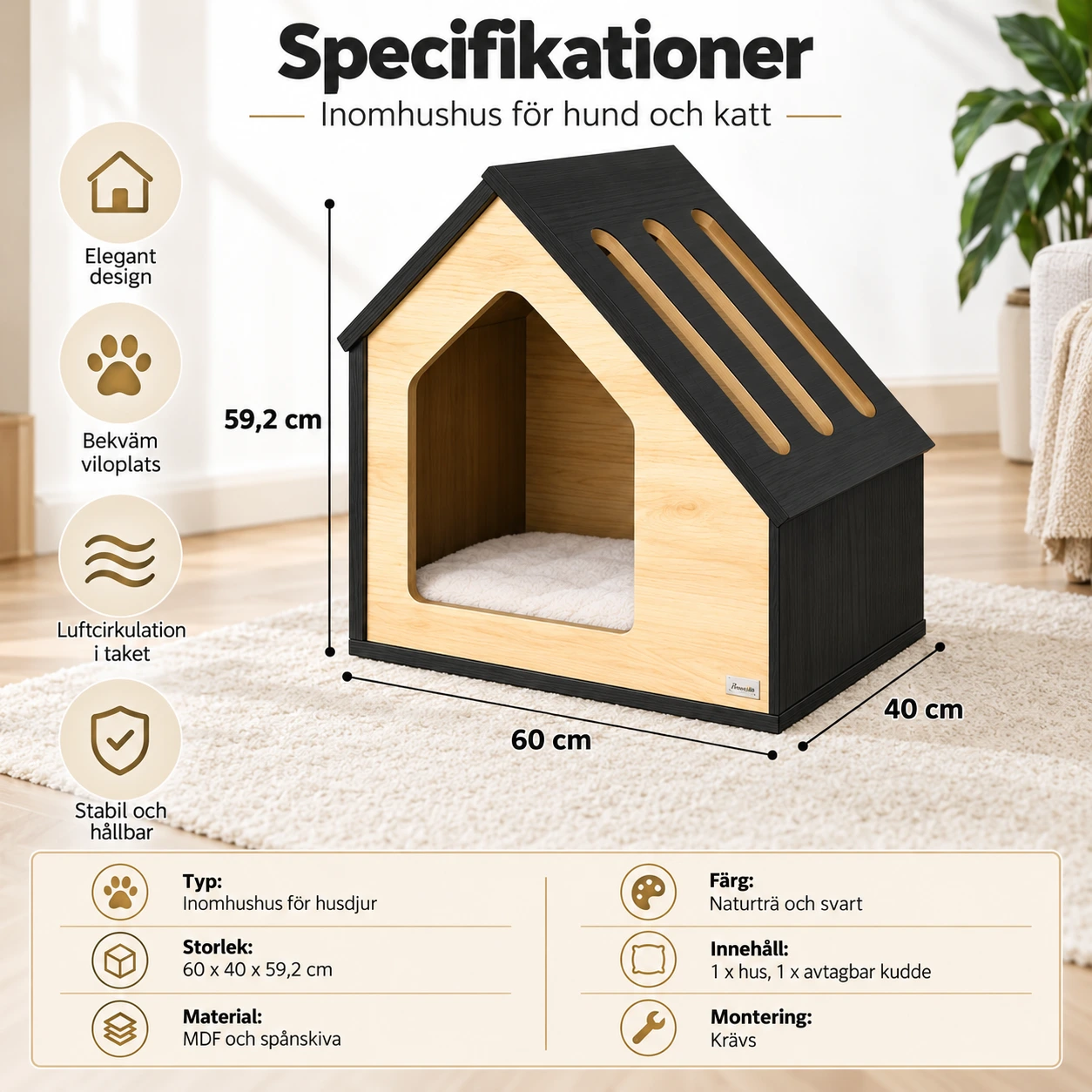 Inomhushus för hund och katt med tvättbar kudde