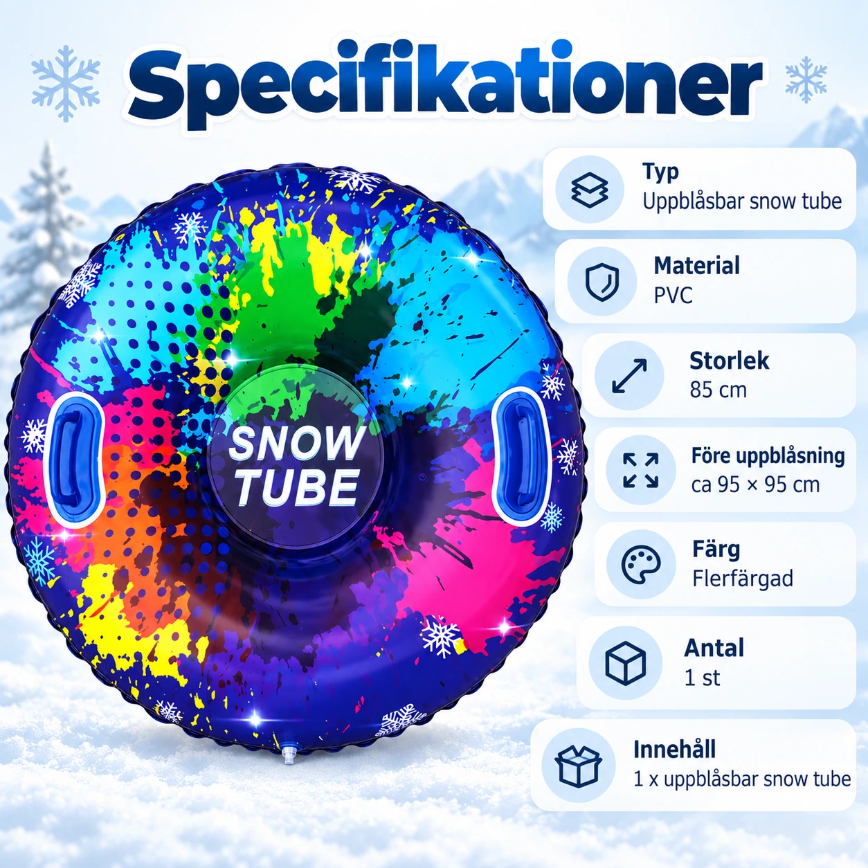 Snow tube 85 cm för snölek med handtag, flerfärgad