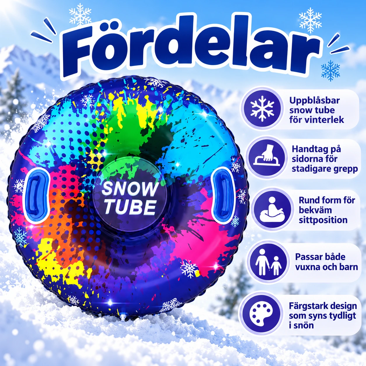 Snow tube 85 cm för snölek med handtag, flerfärgad
