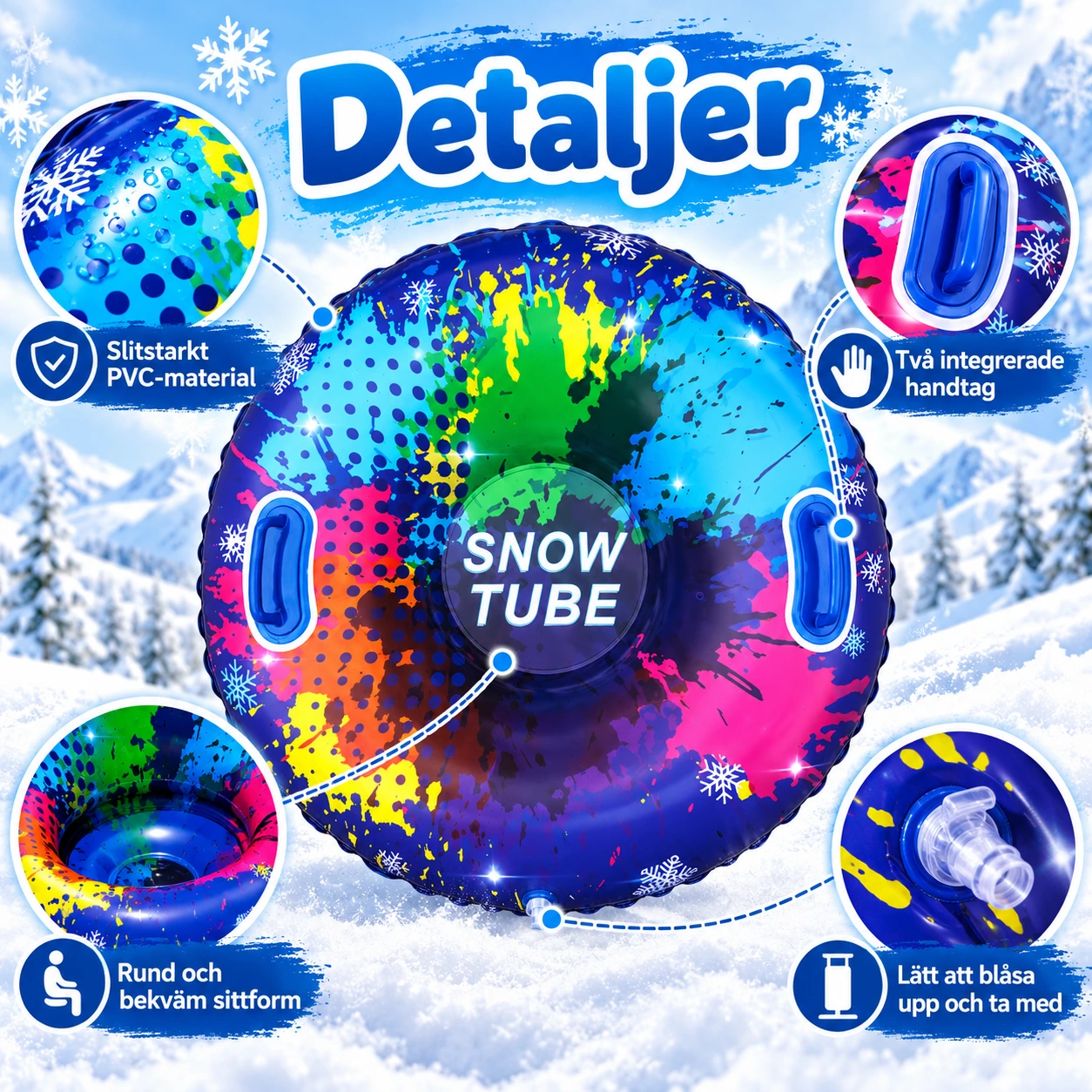 Snow tube 85 cm för snölek med handtag, flerfärgad