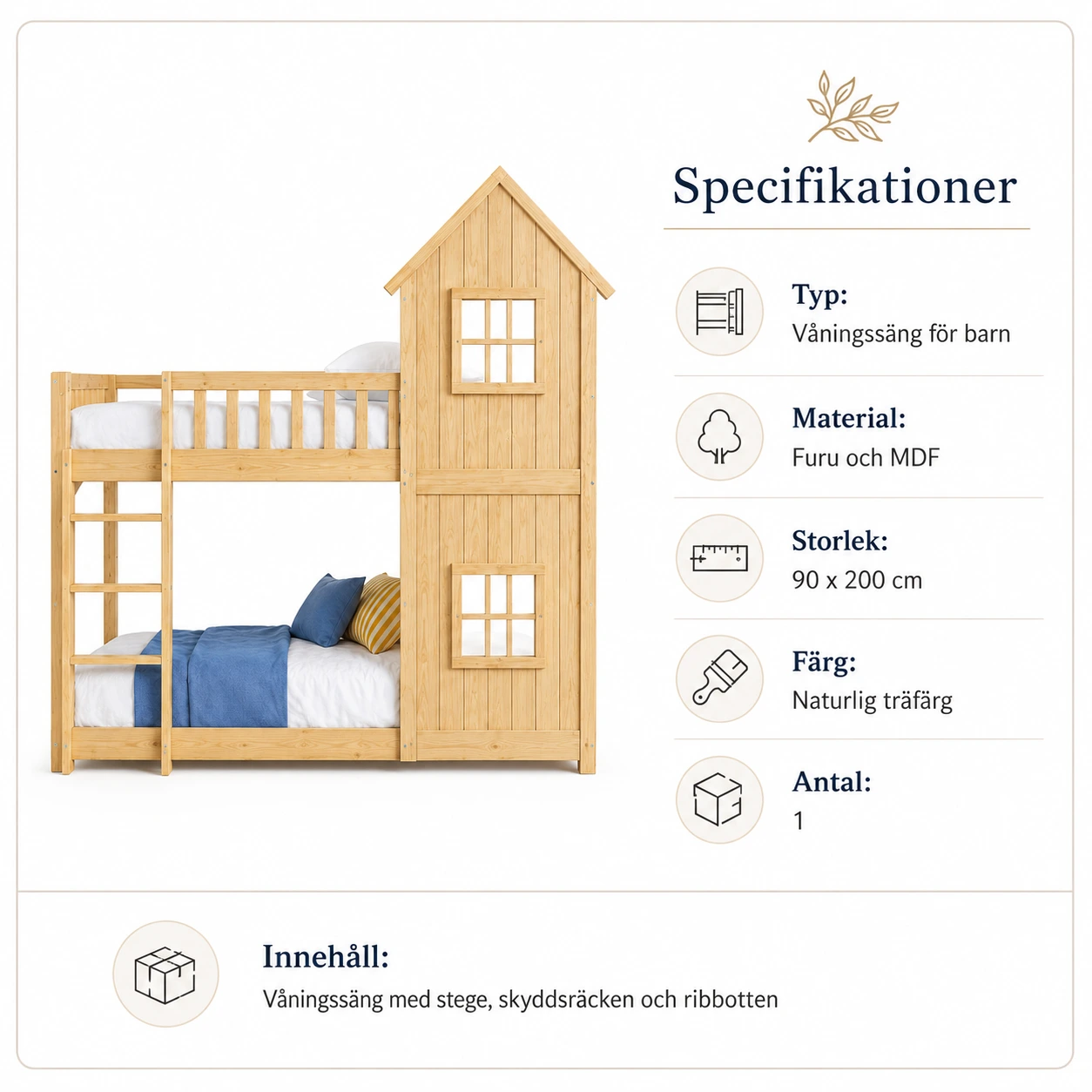 Våningssäng för barn 90x200 cm i husdesign med stege