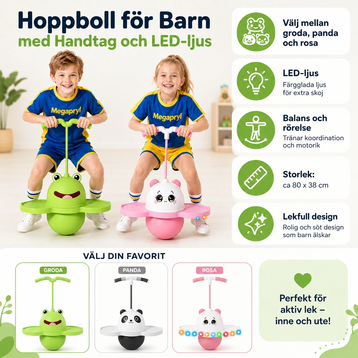 Hoppboll för Barn med Handtag och LED-ljus