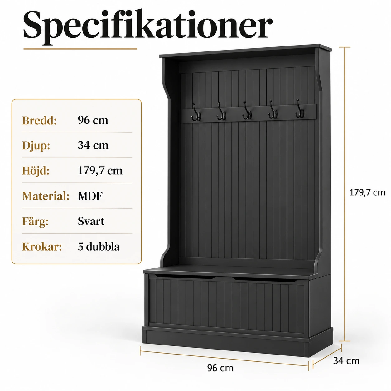 Hallmöbel med förvaring och 5 krokar, svart