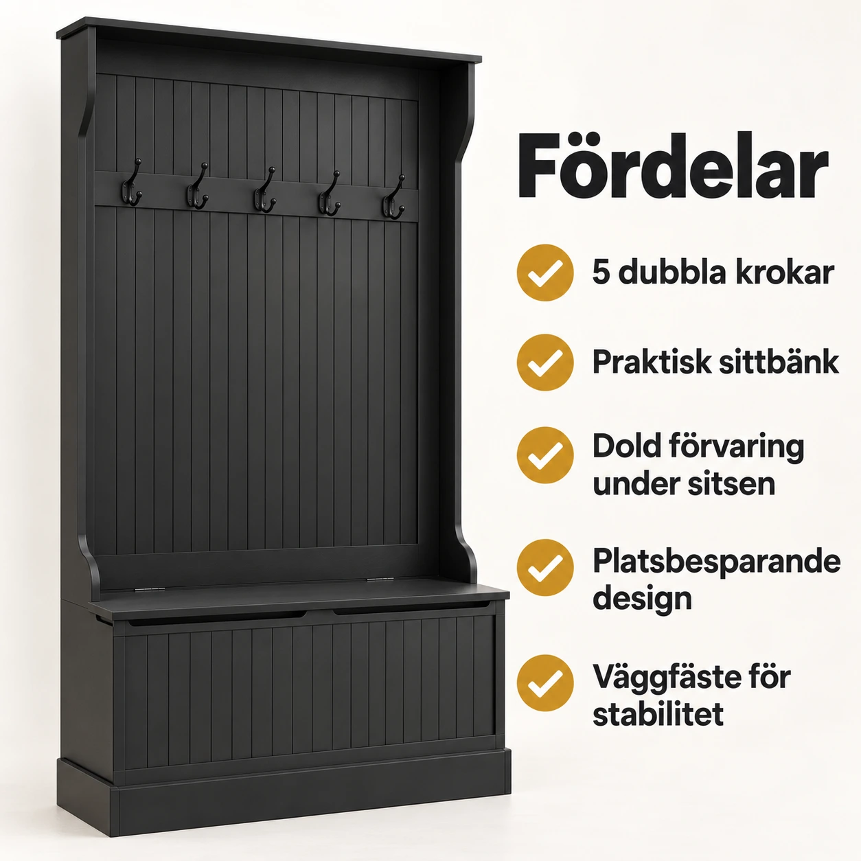 Hallmöbel med förvaring och 5 krokar, svart